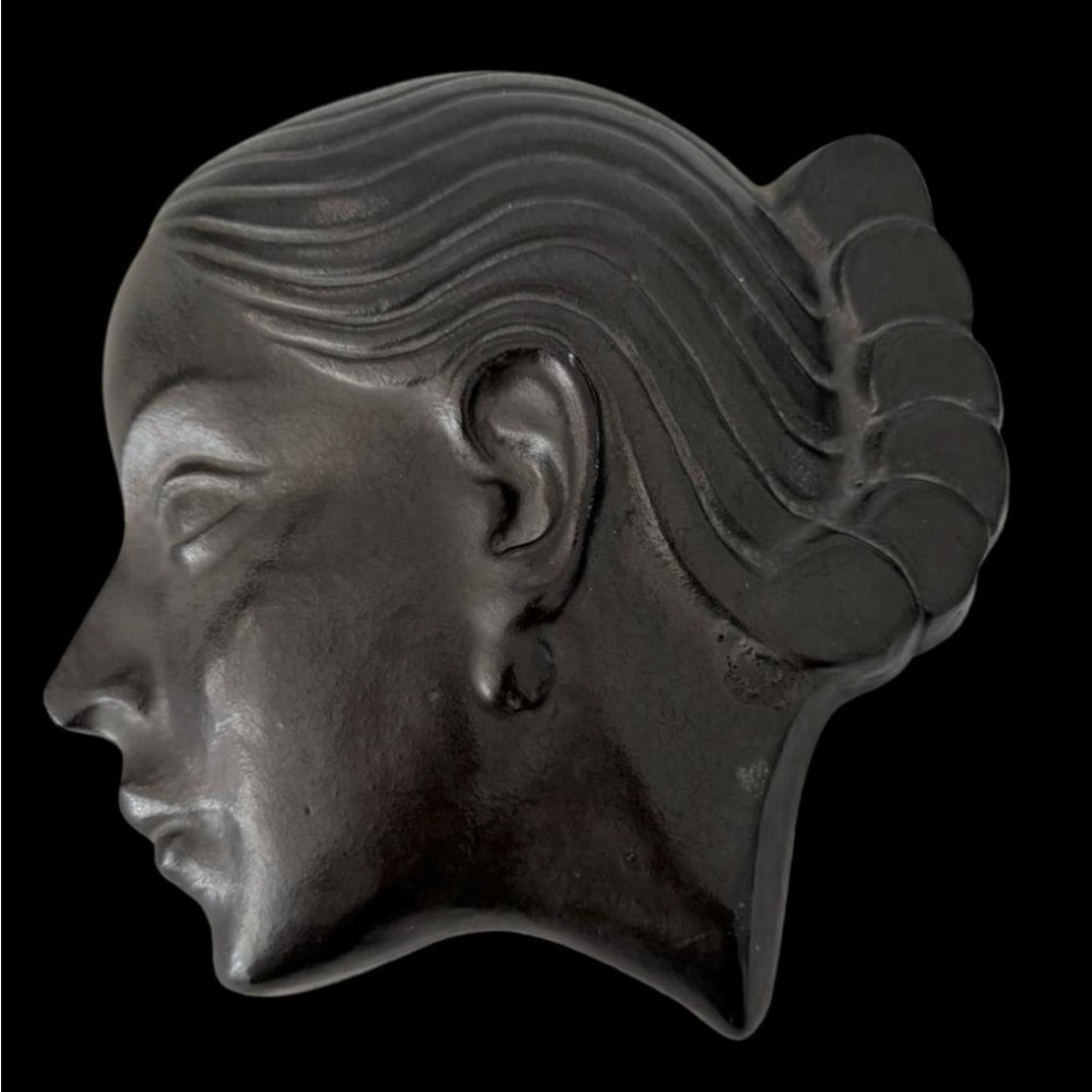 Vintage Art Deco Style Black Ceramic Woman Face Wall Mask | Marked "MP"